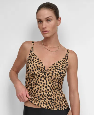 Dkny Women's O-ring-trim Crossover Ruched Tankini Top In Snow Leopard