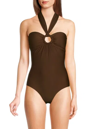 Dkny Women's One-piece Halterneck Swimsuit In Mocha Multi