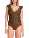 Dkny Women's One-piece Ruched Ruffle Trim Swimsuit