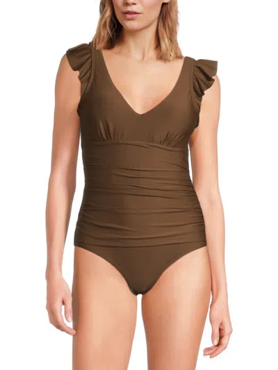Dkny Women's One-piece Ruched Ruffle Trim Swimsuit