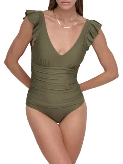 Dkny Women's One-piece Ruched Ruffle Trim Swimsuit In Multi