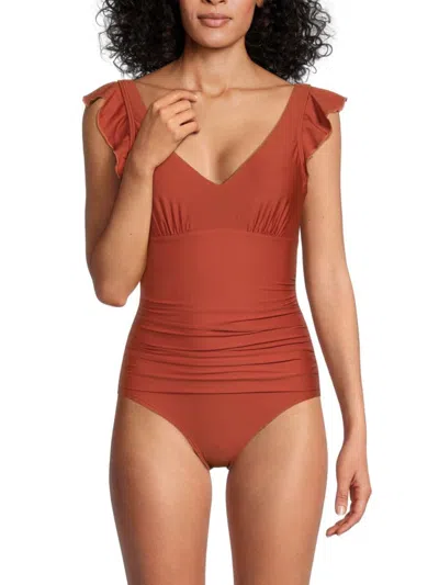 Dkny Women's One-piece Ruched Ruffle Trim Swimsuit In Retro Red