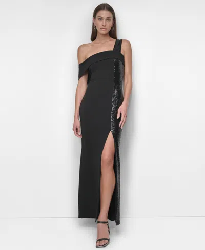 Dkny Women's One-shoulder Sequin-strip Gown In Black