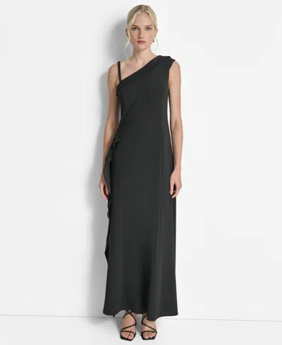 Dkny Women's One-shoulder Side-slit Ruffle Gown In Black