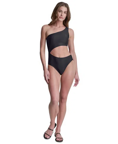 Dkny Women's One-shoulder Cut Out One-piece Swimsuit In Black