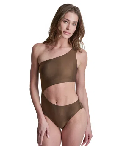 Dkny Women's One-shoulder Cut Out One-piece Swimsuit In Brown