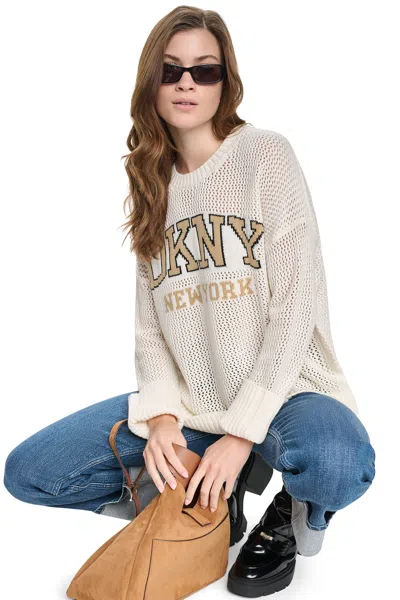 Dkny Women's Open Stitch Varsity Logo Sweater In Eggnog/travertine/black