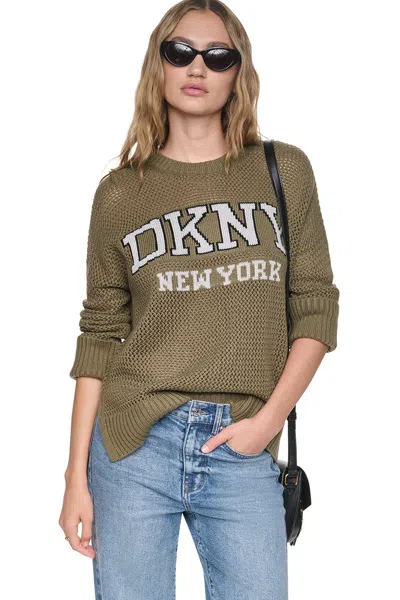 Dkny Women's Open Stitch Varsity Logo Sweater In Utility Green/sky Grey He