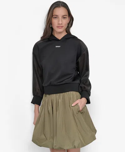 Dkny Women's Organza-trim Hoodie In Black
