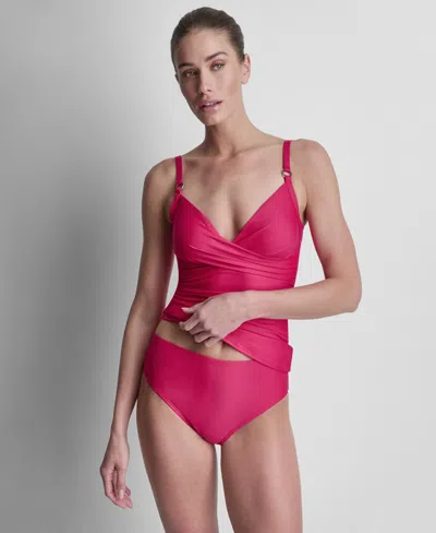 Dkny Women's O-ring-trim Crossover Ruched Tankini Top In Pink