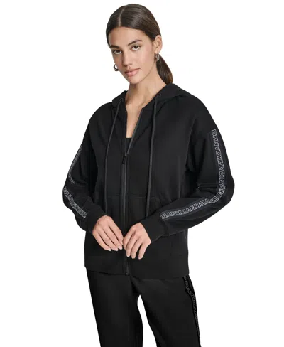 Dkny Women's Outline Logo Tape Zip Front Hoodie In Black