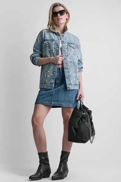 Dkny Women's Oversized Denim Trucker Jacket With Studs In Blue