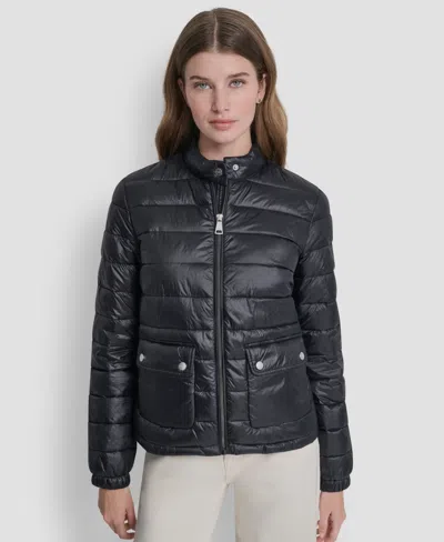 Dkny Plus Size Moto Collar Short Packable Coat In Black