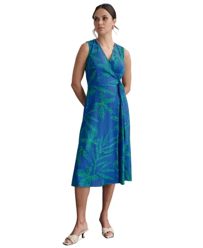 Dkny Women's Palm-print Textured Wrap Midi Dress In Submerge Multi