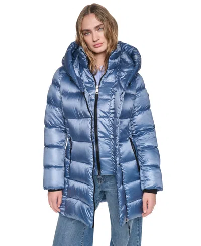 Dkny Women's Pearlized Hooded Walker With Bib Coat In Blue