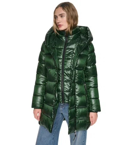 Dkny Women's Pearlized Hooded Walker With Bib Coat In Hunter