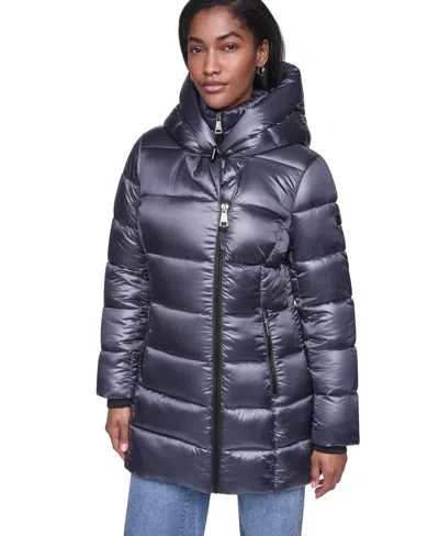 Dkny Women's Pearlized Hooded Walker With Bib Coat In Titan