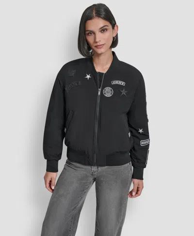 Dkny Women's Pins And Patches Long Sleeve Bomber Jacket In Black