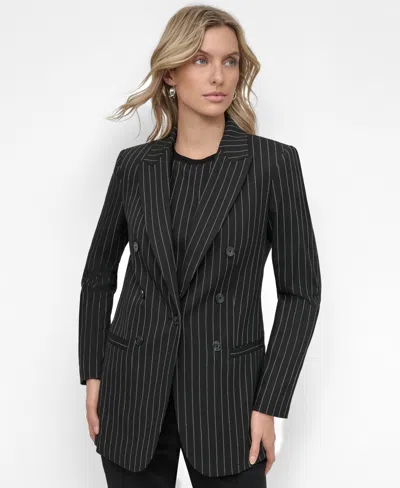 Dkny Women's Pinstripe Double-breasted Peak-lapel Blazer In Black,ivory Stripe