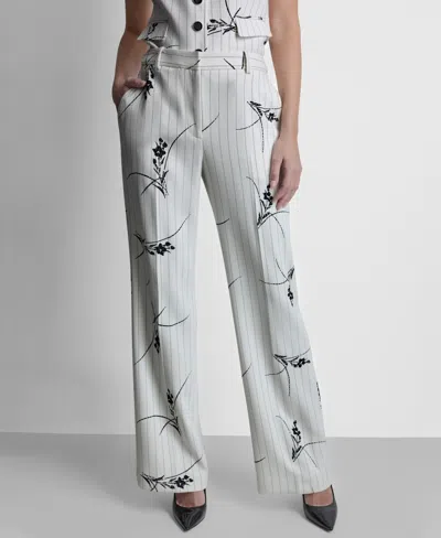 Dkny Women's Pinstripe Floral Mid Rise Flared Pants In Ivory,navy