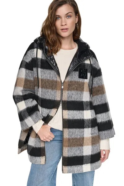 Dkny Women's Plaid Hooded Cape Coat In Black