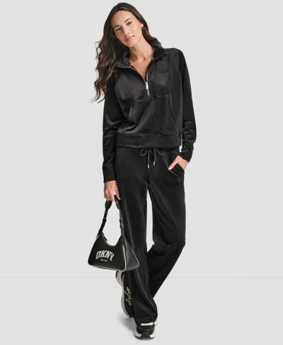 Dkny Women's Platinum Velour Embroidered Logo Sweatshirt In Black