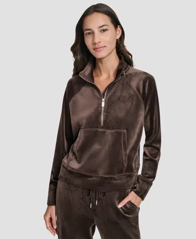 Dkny Women's Platinum Velour Embroidered Logo Sweatshirt In Brown