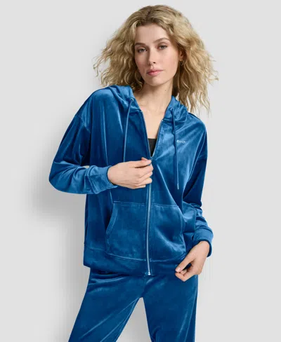 Dkny Women's Platinum Velour Rhinestone Logo Full-zip Hoodie In Blue