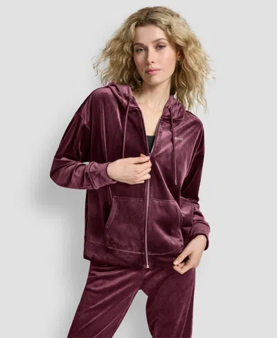 Dkny Women's Platinum Velour Rhinestone Logo Full-zip Hoodie In Burgundy