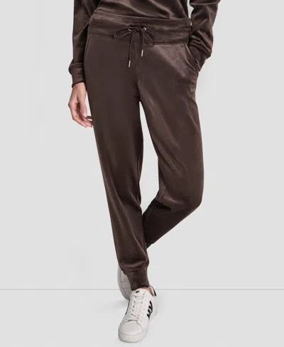 Dkny Women's Platinum Velour Rhinestone Logo Slim Fit Joggers In Brown
