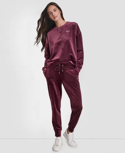 Dkny Women's Platinum Velour Rhinestone Logo Slim Fit Joggers In Burgundy