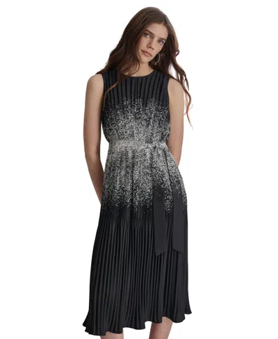 Dkny Women's Pleated Crepe Satin A-line Dress In Black,cream