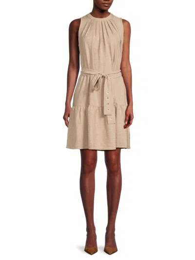 Dkny Women's Pleated Jewel-neck Textured Polyester A-line Dress In Sand