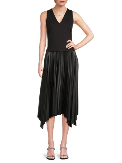 Dkny Women's Pleated Mixed Media Midi-dress In Black