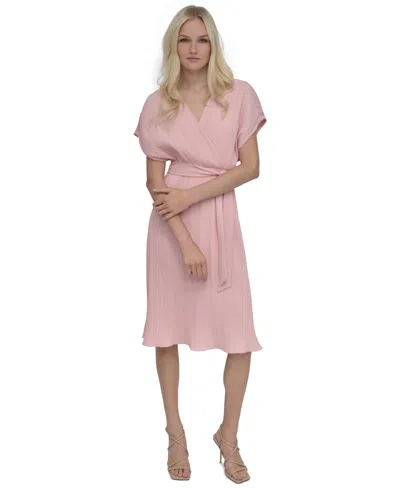 Dkny Women's Pleated Surplice-neck Faux-wrap Dress In Silver Pink