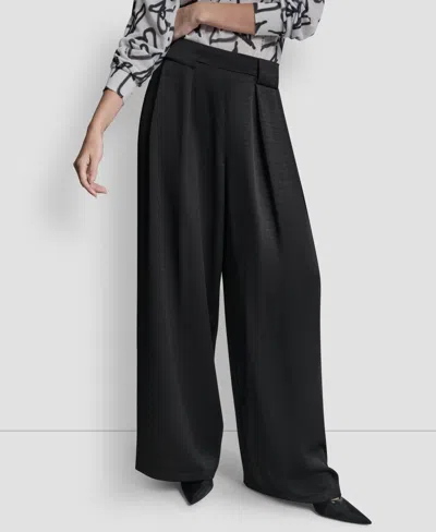 Dkny Pleat Wide Leg Satin Pants In Black