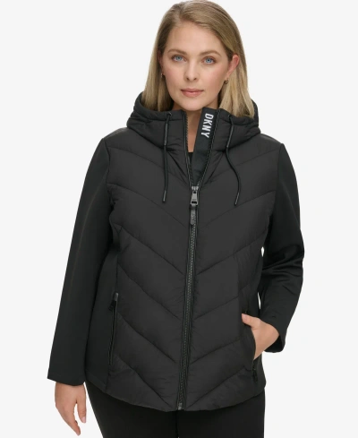 Dkny Women's Plus Size Hooded Scuba Packable Puffer Coat In Black