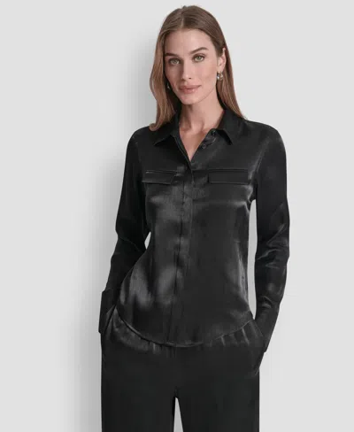 Dkny Women's Pocket Detail Long Sleeve Top In Black