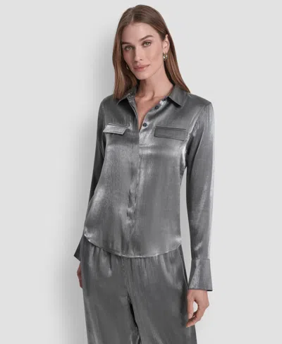 Dkny Women's Pocket Detail Long Sleeve Top In Gray