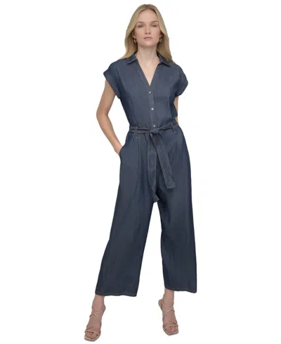 Dkny Women's Point Collar Tie-waist Chambray Jumpsuit In Dark Benson