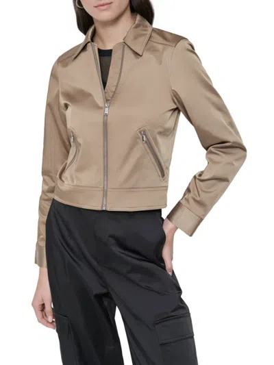 Dkny Women's Point Collar Trucker Jacket In Taupe