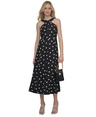 Dkny Women's Polka-dot Crisscross Halter Midi Dress In Black,ivory Multi