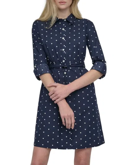 Dkny Women's Polka Dot Roll-tab Mini Shirtdress In Navy Ivory