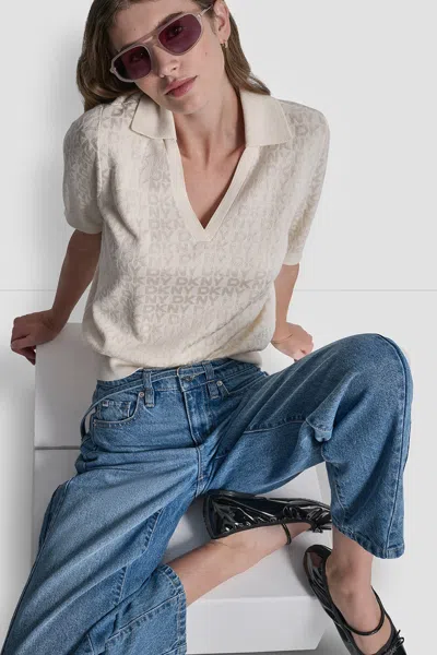 Dkny Women's Polo Collar Sweater With Rhinestone Logo In Multi