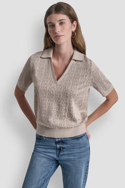 Dkny Women's Polo Collar Sweater With Rhinestone Logo In Multi