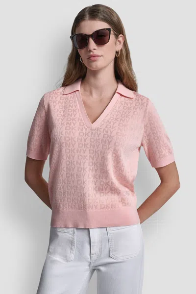 Dkny Women's Polo Collar Sweater With Rhinestone Logo In Pink