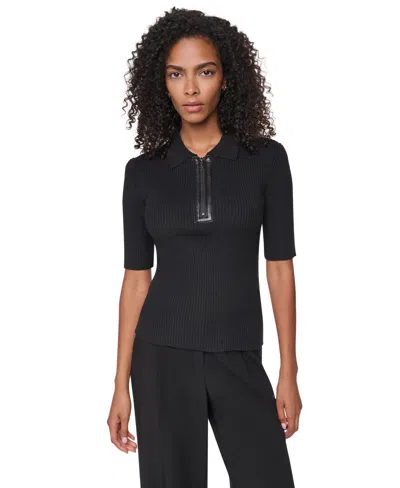 Dkny Women's Polo Short-sleeve Ribbed-knit Zip-front Sweater In Black