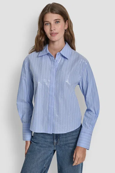 Dkny Women's Poplin Button Front Shirt With Sequins In Blue