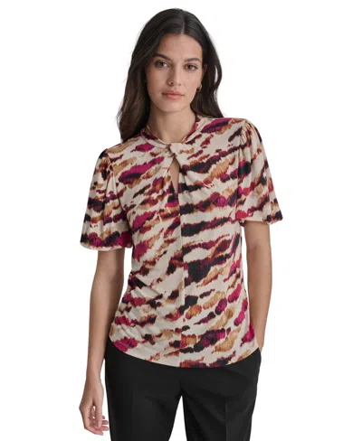 Dkny Women's Printed Balloon-sleeve Twist-neck Top In Parchment