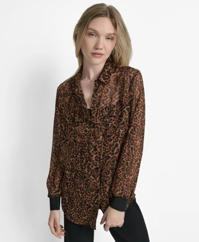 Dkny Women's Printed Button-front Long-sleeve Shirt In Brown